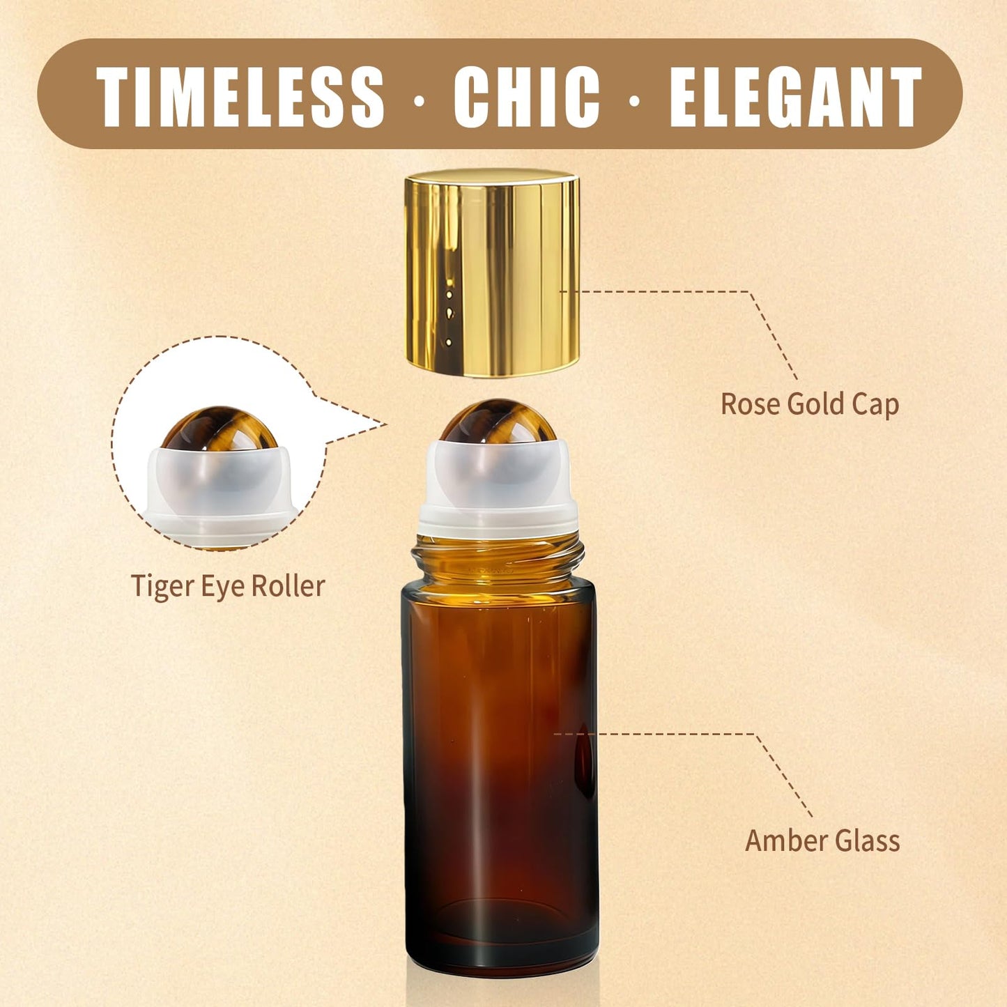 Warmify Tiger's Eye Roller Bottles for Essential Oils, 50ml Refillable Amber Glass Roll On Bottles with Natural Crystal Roller Balls, Leak-Proof Travel Perfume Bottle with Gold Caps