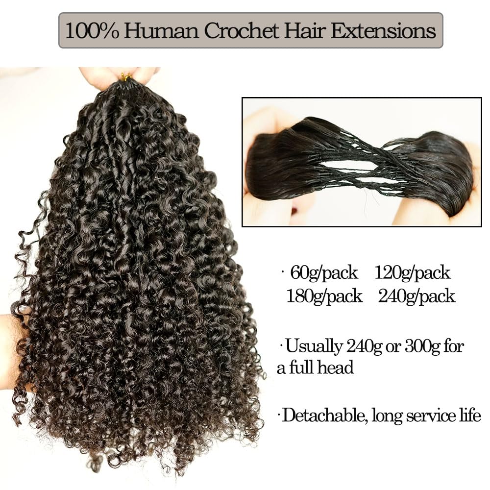 Burmese Curly Crochet Human Hair Extensions Invisible Pre-Separated Burmese Feather Crochet Hair with Knotless String Lightweight Human Crochet Hair Curly for Braiding Twist 60g 20inch