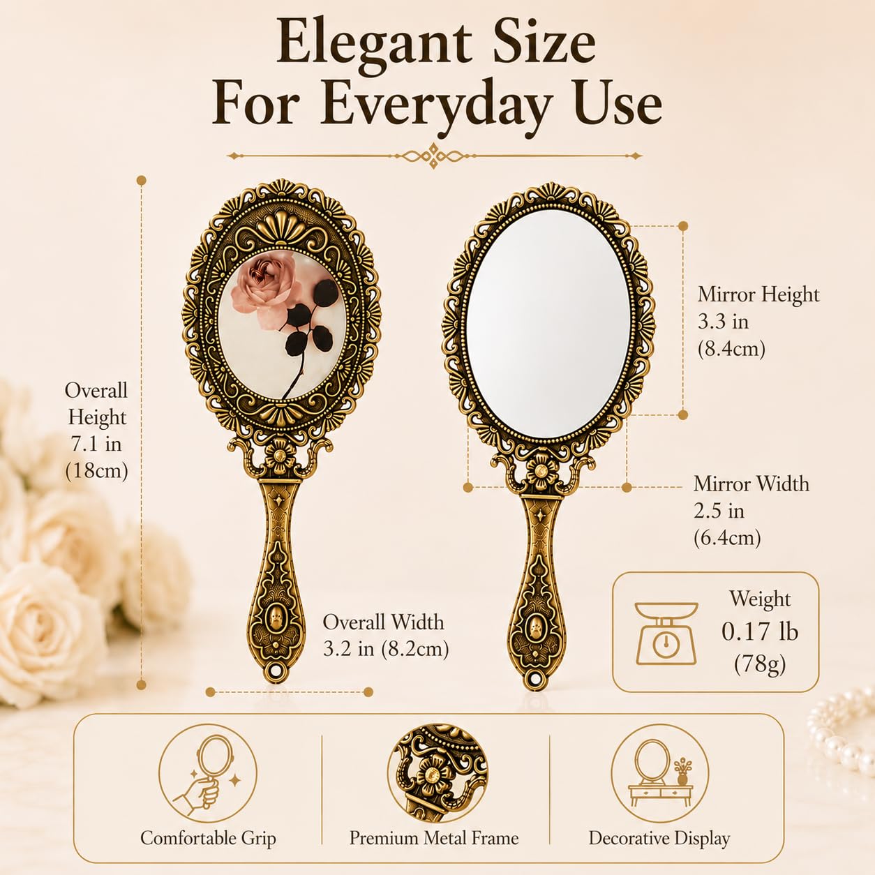 SEHAMANO Hand Mirror with Handle Compact Handheld Makeup Mirror Rose Cosmetic Clear Mirror (Matt Gold (Brass))