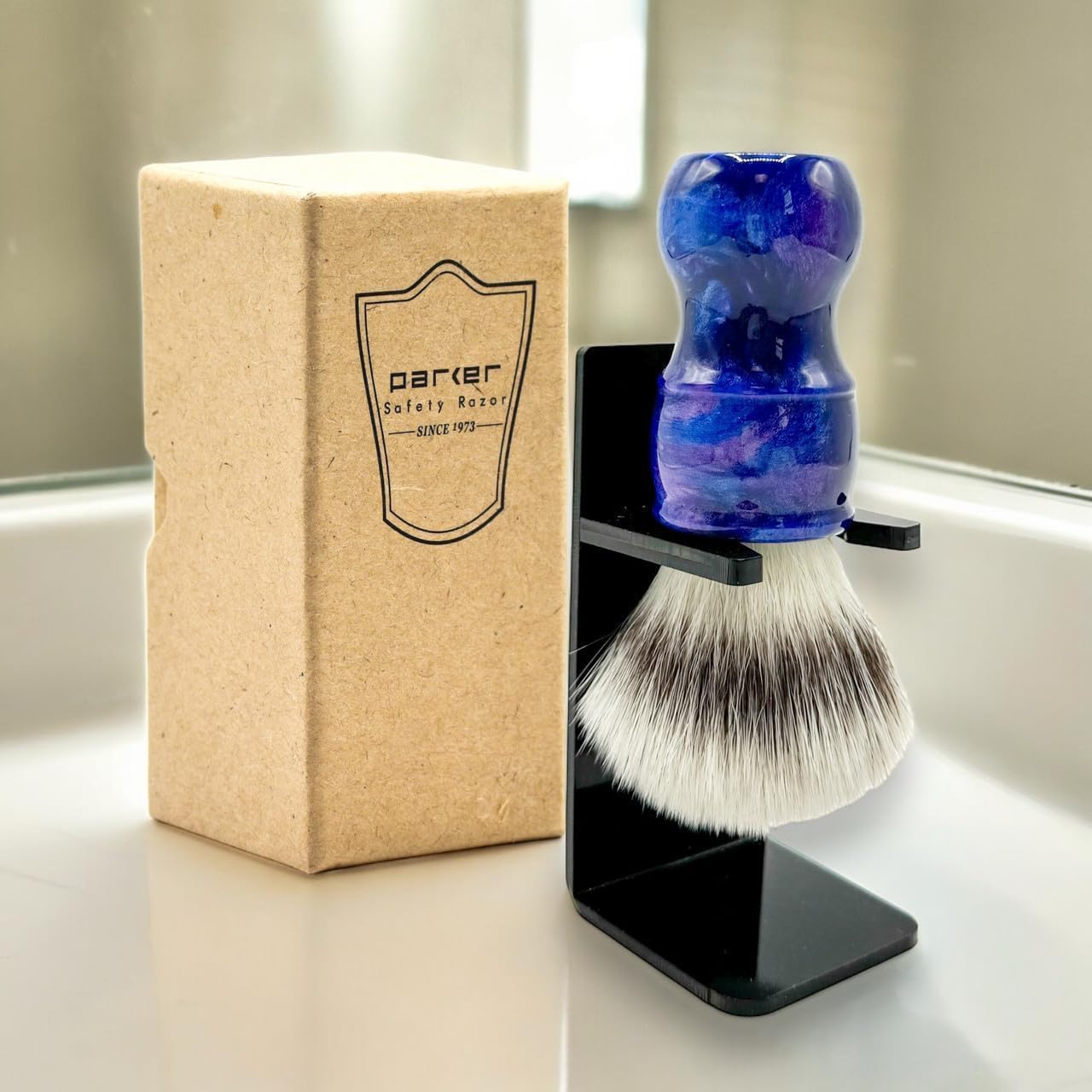 Parker “Blue Storm” Deluxe Synthetic Shaving Brush & Stand – 24 mm Knot, Iridescent Resin Handle, Ergonomic 122 mm Length, Handmade with a High Bristle Density for Rich Lather