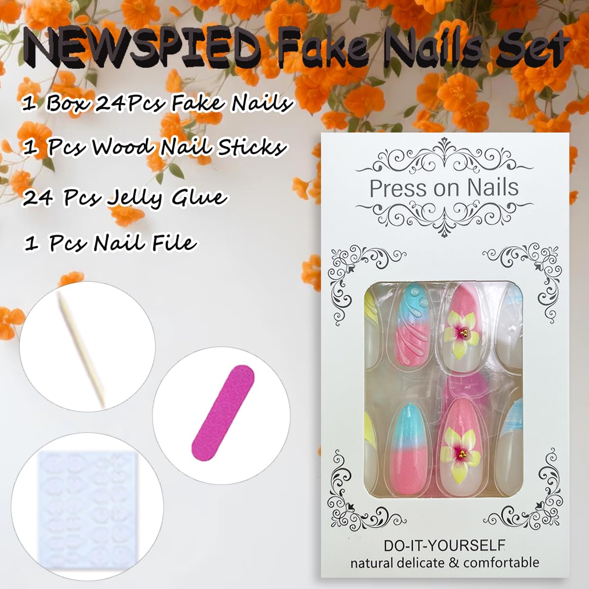 NEWSPIED 24Pcs Blue Flower Almond Acrylic Press On False Nails with 3D Pearl Flower Designs Relief Ripple Artificial French Tips Glue on Nails for Women