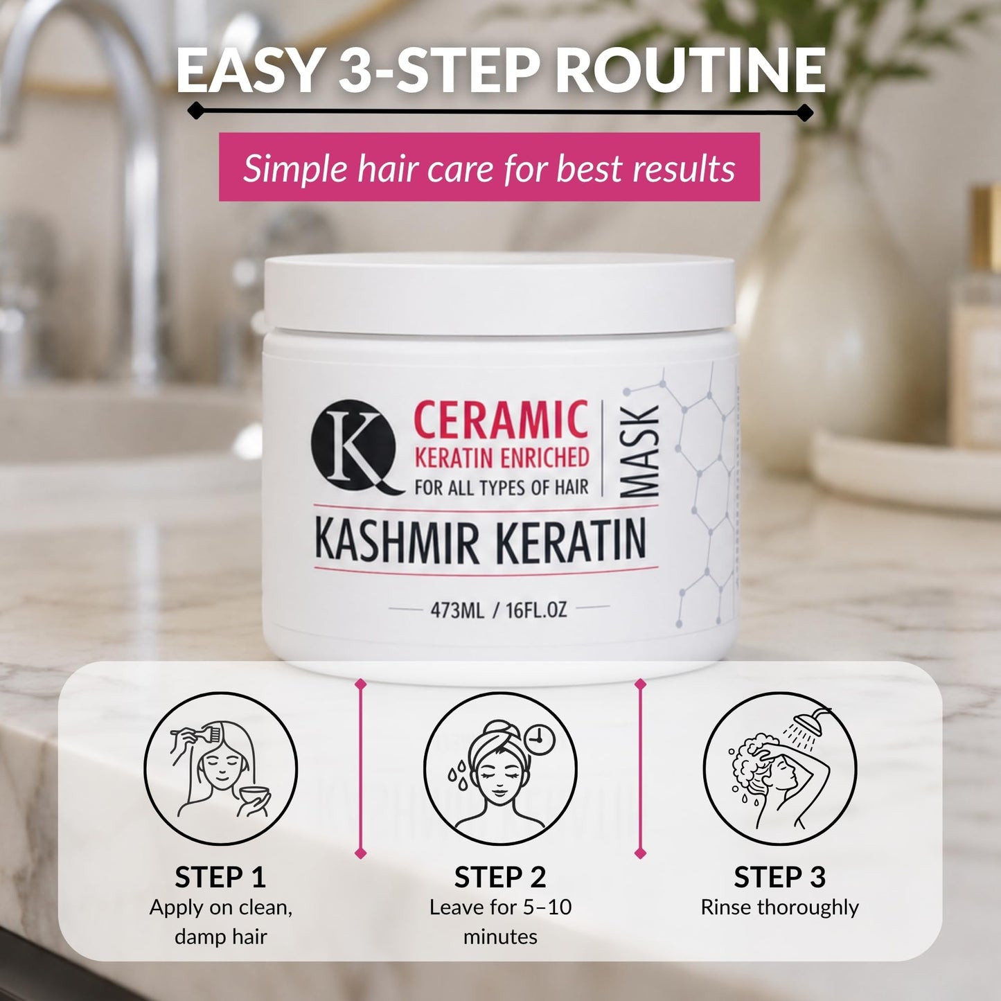 Kashmir Keratin Ceramic Hair Mask (16 oz), Advanced Keratin Deep Conditioning Repair Treatment for Dry, Damaged & Treated Hair, Sulfate & Paraben Free Hydrating Mask for Smooth, Soft & Shiny Hair