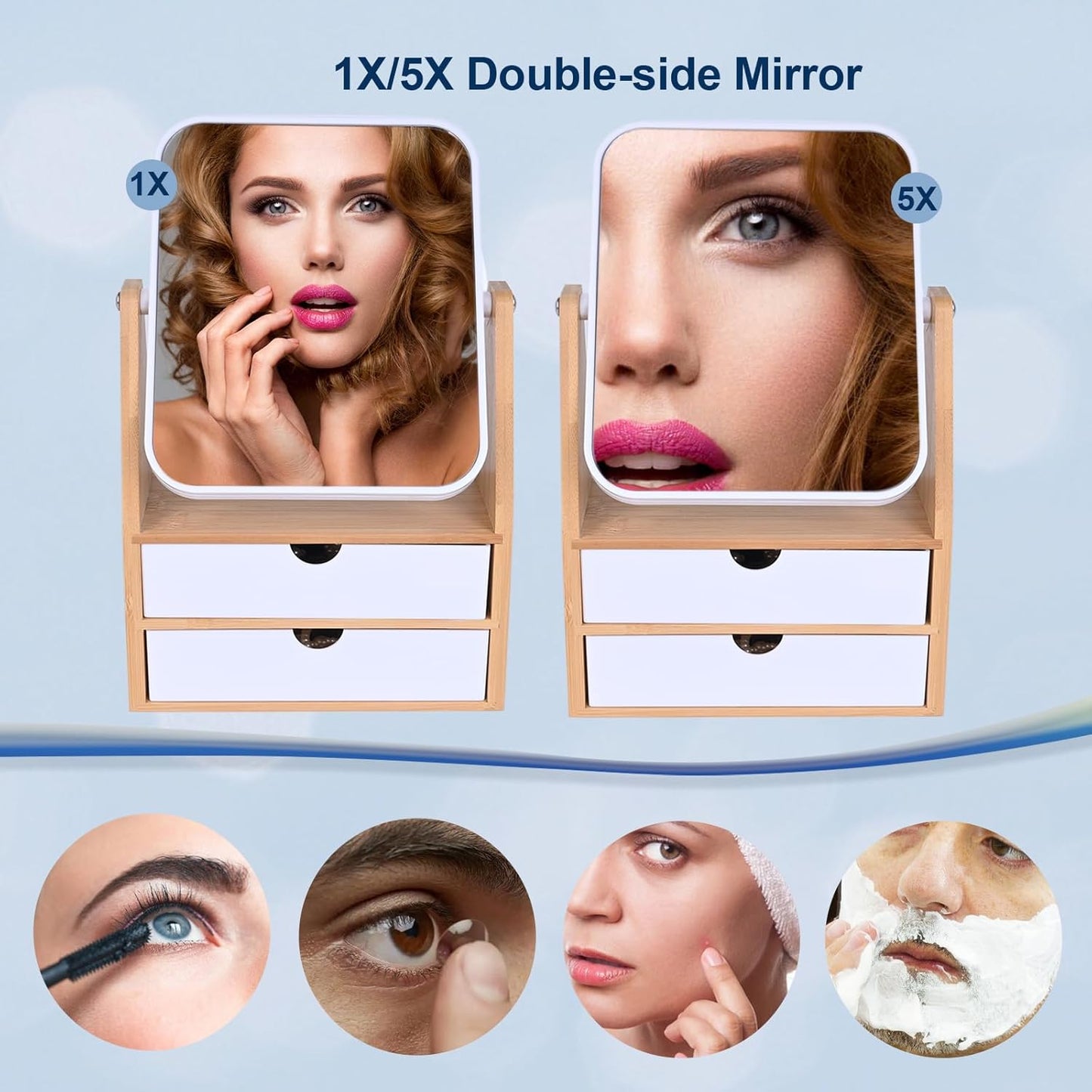 Magnifying Makeup Mirror - 1x/5x Dual-Sided with Bamboo Stand & Jewelry Storage Box | 360° Rotatable, Rectangle