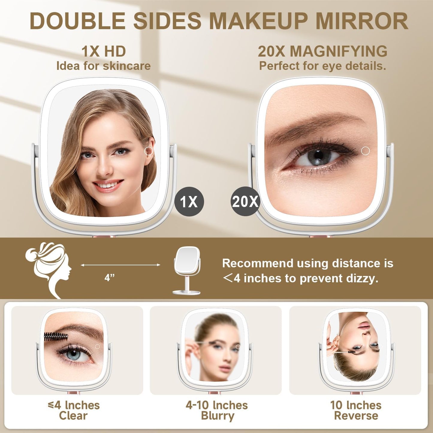 Mocado Makeup Mirror with Lights - 1X/20X Magnifying Vanity Mirror | Height Adjustable, 3 Color Options, 360° Rotation, Memory Function (White)