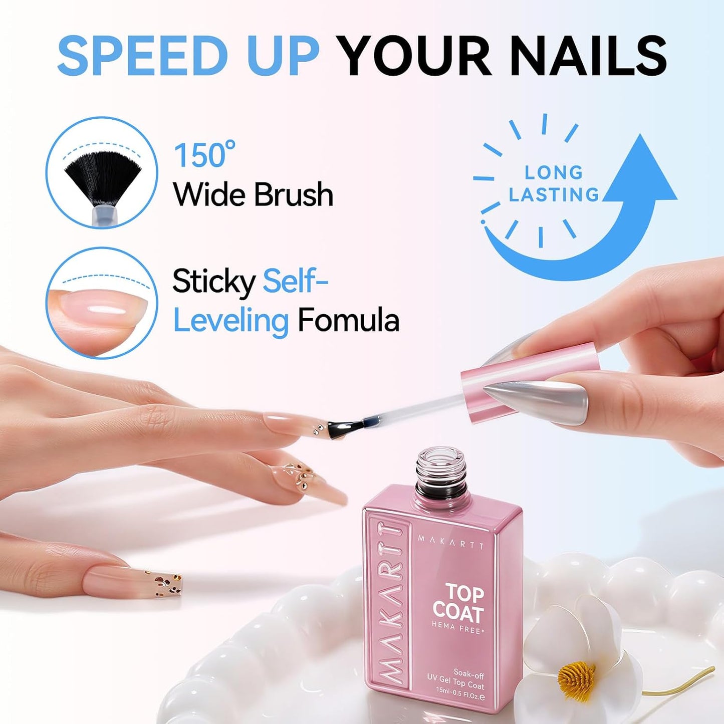 Makartt Gel Top Coat - Hema-Free No Wipe Clear Nail Polish | 15ml Long-Lasting High Gloss Finish for Home DIY