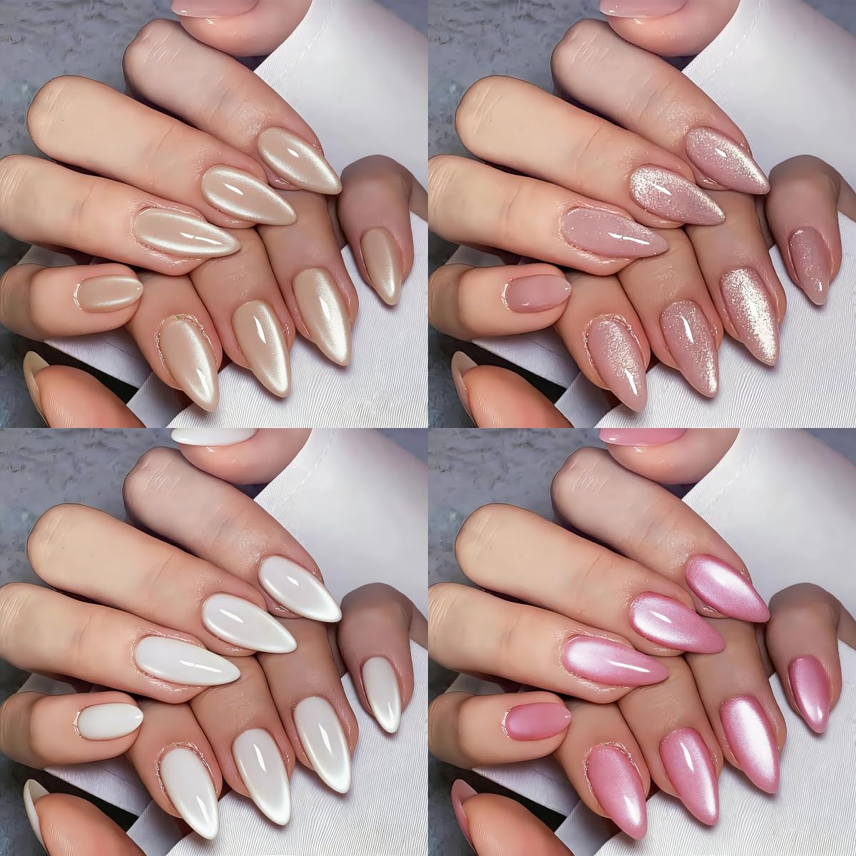KQueenest Cat Eye Press On Nails - Glitter Almond Medium | 96 Pcs Sparkle Chrome Fake Nails for Women