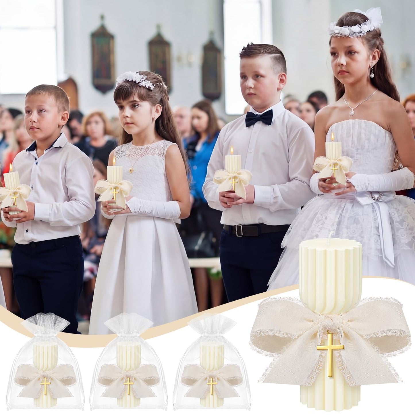 Conelist 12 Set Baptism Candle Cirios Pascual Catolico Catholic First Communion Candles with Bows and Crosses Church Prayer Gifts for First Communion Baby Christening Party Favor, 4.53 x 1.57 Inch