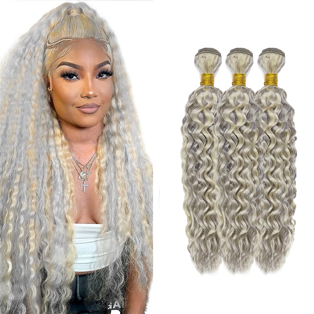 Highlight Bundles Gray Curly Wave Bundles Human Hair Brazilian Unprocessed Virgin Hair 30 32 34 Inch 613/Gray Bundle Hair Extensions 300g