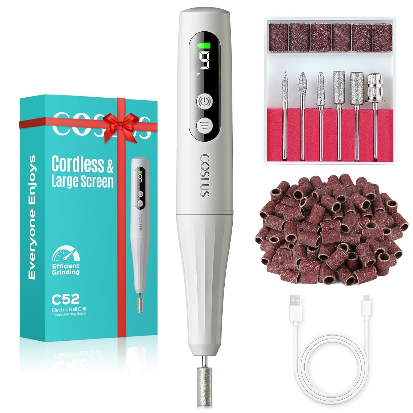 COSLUS Cordless Nail Drill - Professional Electric Nail File Kit with LED Screen | Portable for Home & Salon Use, Gray