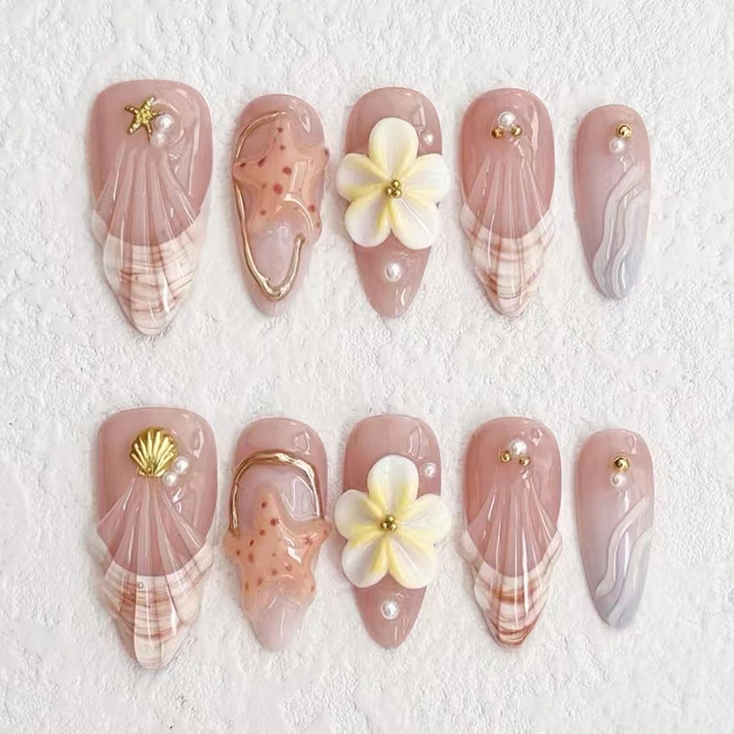 30Pcs Summer Press on Nails Medium Almond French Tip Fake Nails with 3D Ocean Seashell Starfish Designs Yellow Flower False Nails Pink Glossy Full Cover Water Ripples Acrylic Stick on Nails for Women