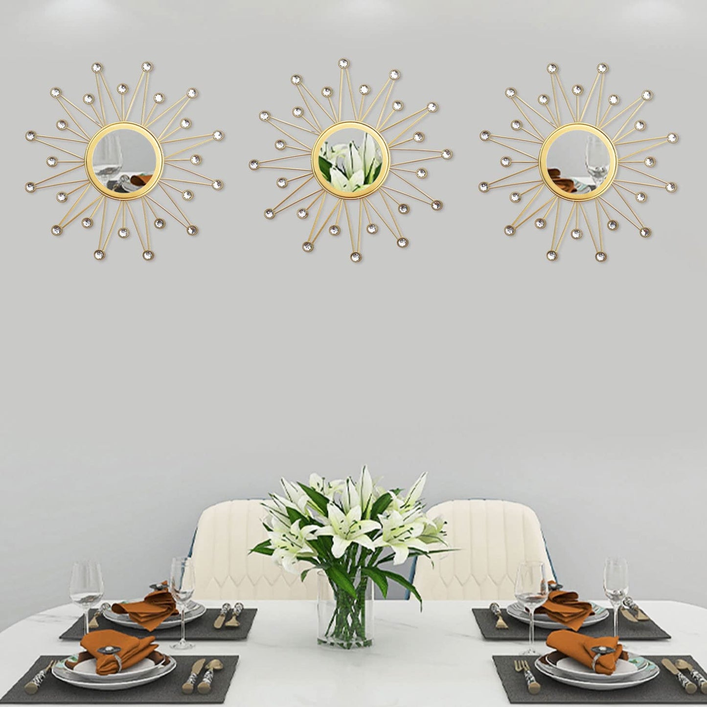 Uaussi 3 Pack Crystal Sunburst Wall Mirror Décor Rhinestone Mirrors Decorative Home Wall Art for Living Room Bedroom Entryway (Triangle Burst Gold)