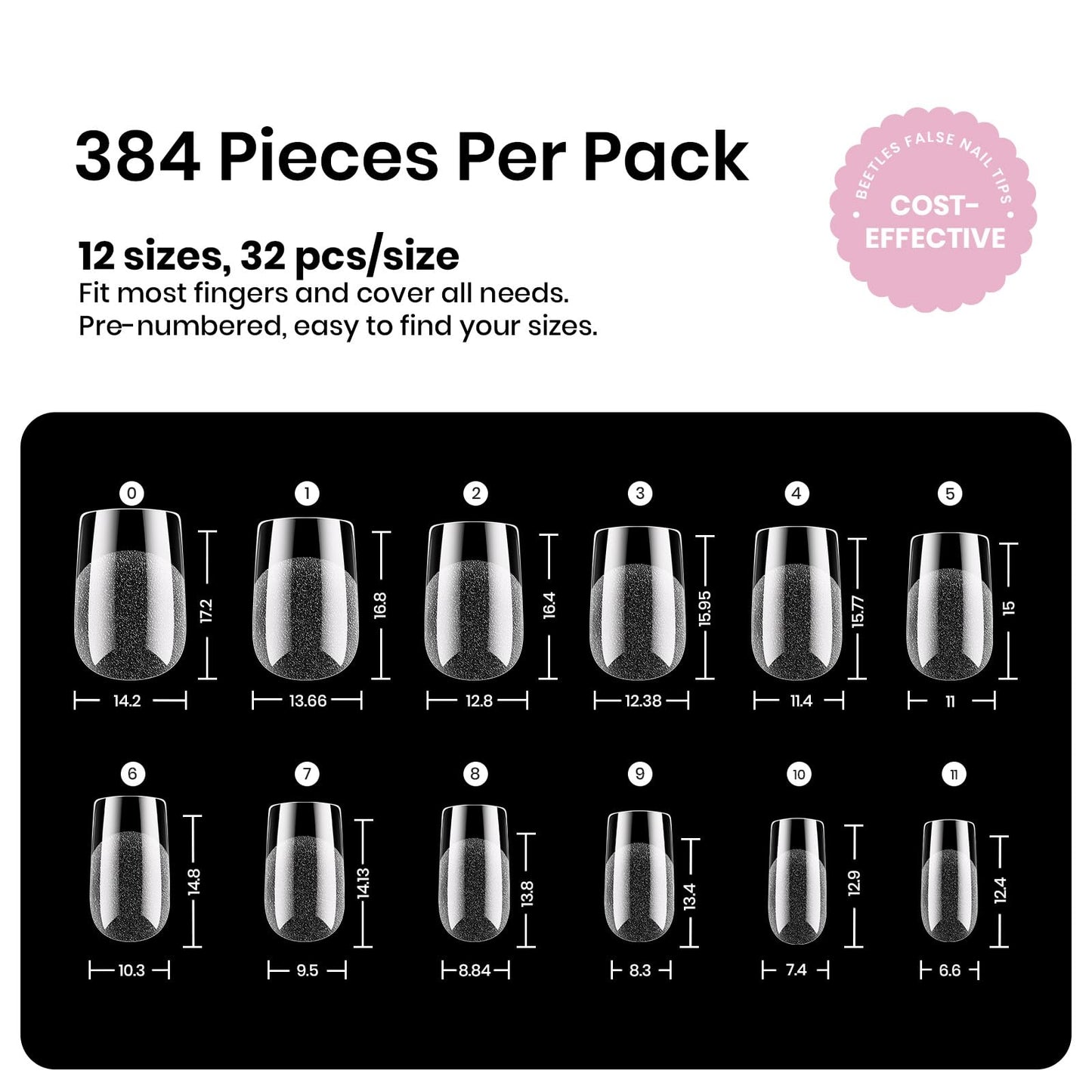 Beetles Gel Nail Tips Etch-X- Square Extra Short, 384pcs 12 Sizes, Pre-Etched Half Matte Full Cover Soft Gel Nail Tips, Press on False Nail Extension Acrylic Fake Nails, Easy DIY Salon Art