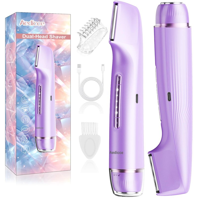 Bikini Trimmer for Women 2 in 1, Dual Head Womens Electric Shaver, Electric Razors for Pubic Hair, IPX7 Waterproof Rechargeable Facial Hair Removal for Shaving Underarm Leg Arm Body Face, Light Purple