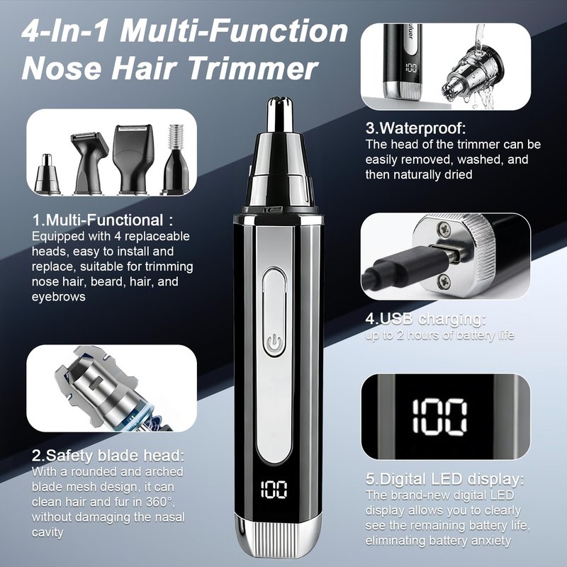 Joy RuDa Ear and Nose Hair Trimmer for Men: 2026 New Rechargeable 4-in-1 Ear, Nose, Eyebrow & Beard Trimmers 8500 RPM, LED Indicator & Waterproof Dual Edge Blades (Black)