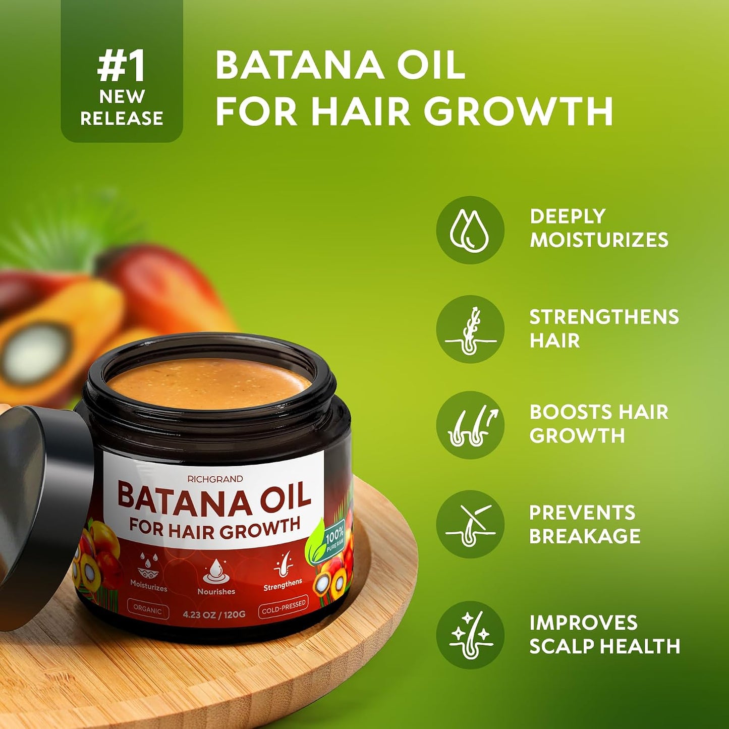 Batana Oil for Hair Growth - Organic Cold Pressed Hair Mask for Thicker Hair & Scalp Health | 4.23 oz