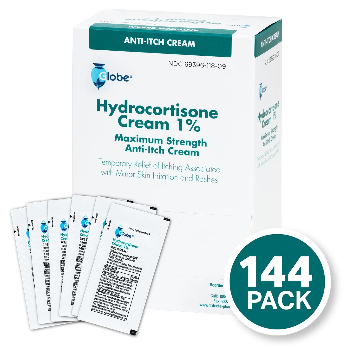 Globe (Box 144 Hydrocortisone 1% Maximum Strength Cream, (0.9g Single Packet) Anti-Itch Cream for Redness, Swelling, Itching, Rash, Bug/Mosquito Bites, Eczema, Hemorrhoids & More