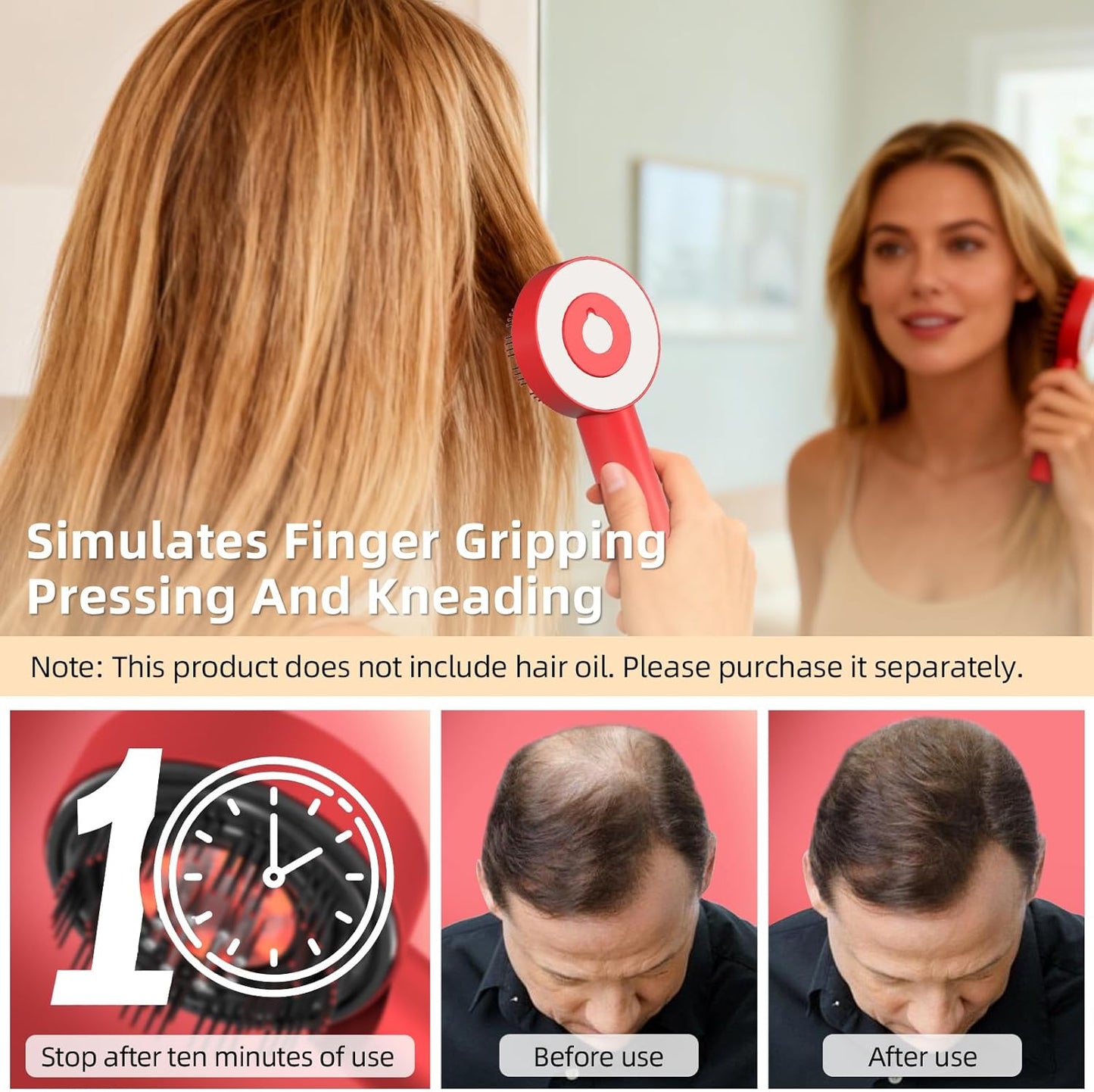 Electric Scalp Massager - 3 in 1 Hair Oil Applicator & Waterproof Brush | Cordless Portable Device for Hair Growth - Red