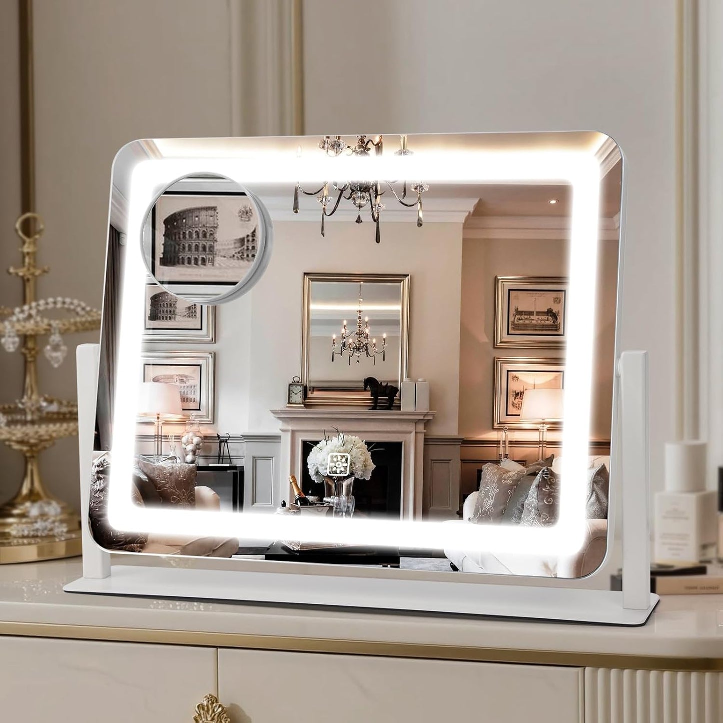 LED Makeup Mirror with Lights - 15" x 12.2" Dimmable Vanity Mirror with Smart Touch & 3-Color Lighting | 360° Rotation, White