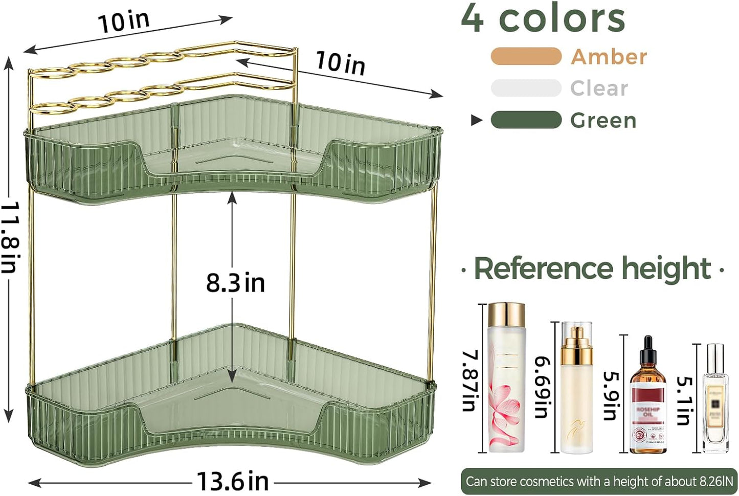 Corner Bathroom Counter Organizer - 2-Tier Makeup & Skincare Storage with Brush Holder | Green