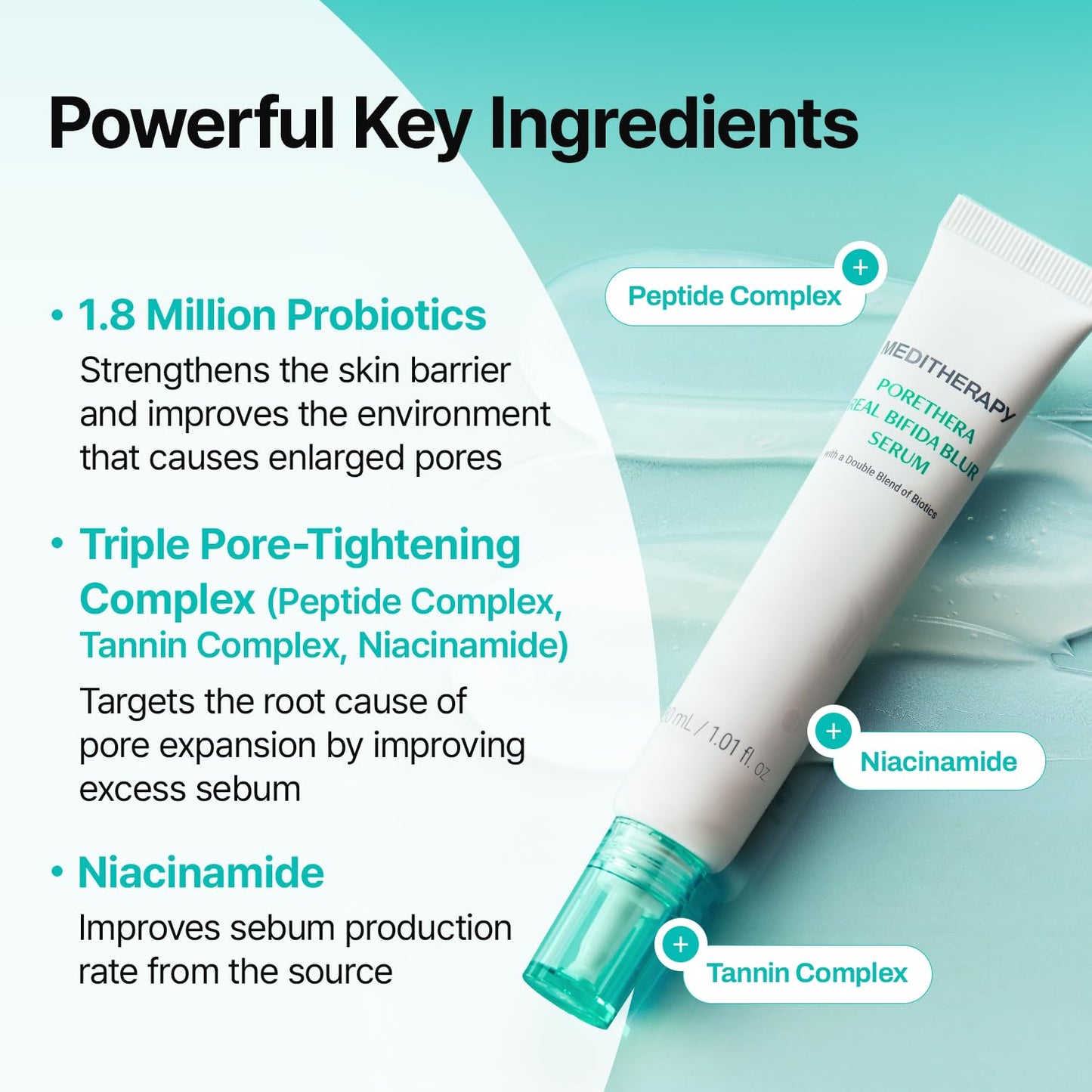 MEDITHERAPY Porethera Real Bifida Blur Serum 1.01 fl oz - No-Wash Primer Serum with Tannin Complex & Niacinamide - Visual Pore Coverage, Sebum Control & Barrier Support for Oily, Uneven Skin