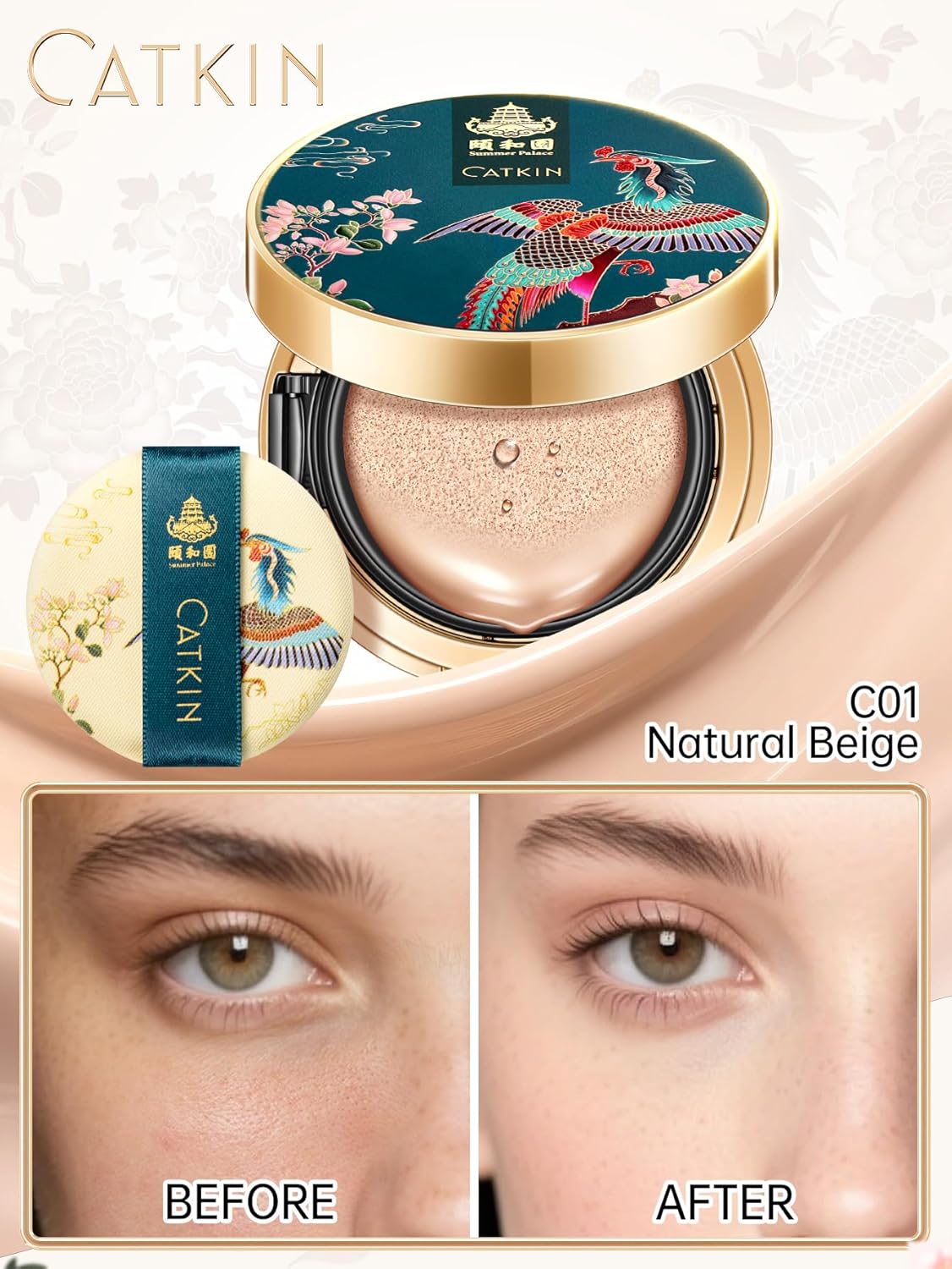 Catkin Phoenix Cushion Foundation - Buildable Anti-Aging Serum Makeup | Light Beige 0.46 Oz x 2