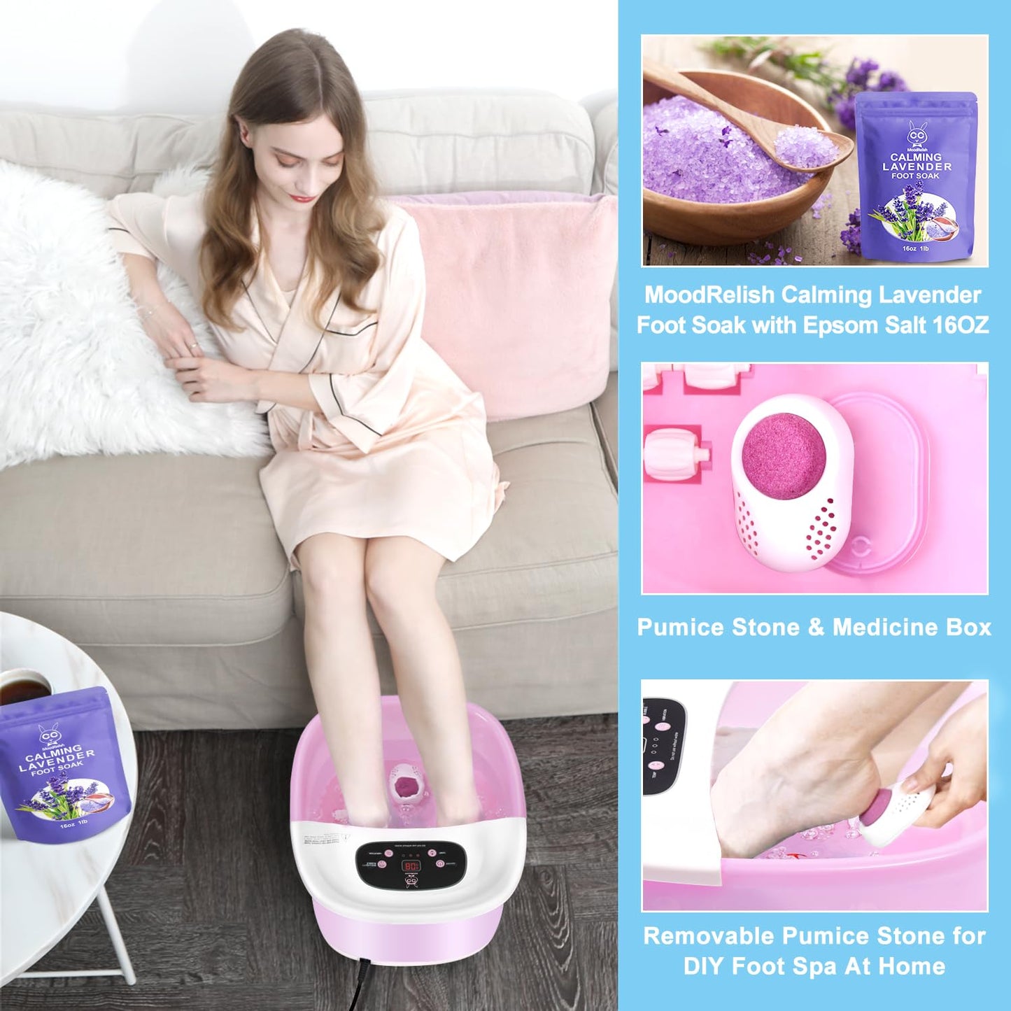 Foot Spa Bath Massager with Heat & Vibration | 22 Massage Rollers, Calming Lavender Epsom Salt, Adjustable Temp - Pink