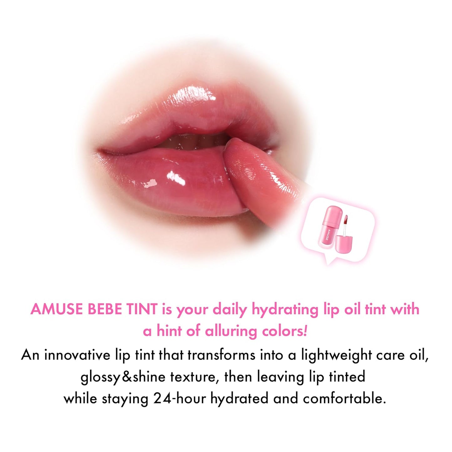 Bebe Tint Lip Stain by Amuse SEOUL | 24-Hour Long-Lasting, Glass-Like Plumping, Vegan Hydrating Gloss - 01 BOKSOONGA LOVE