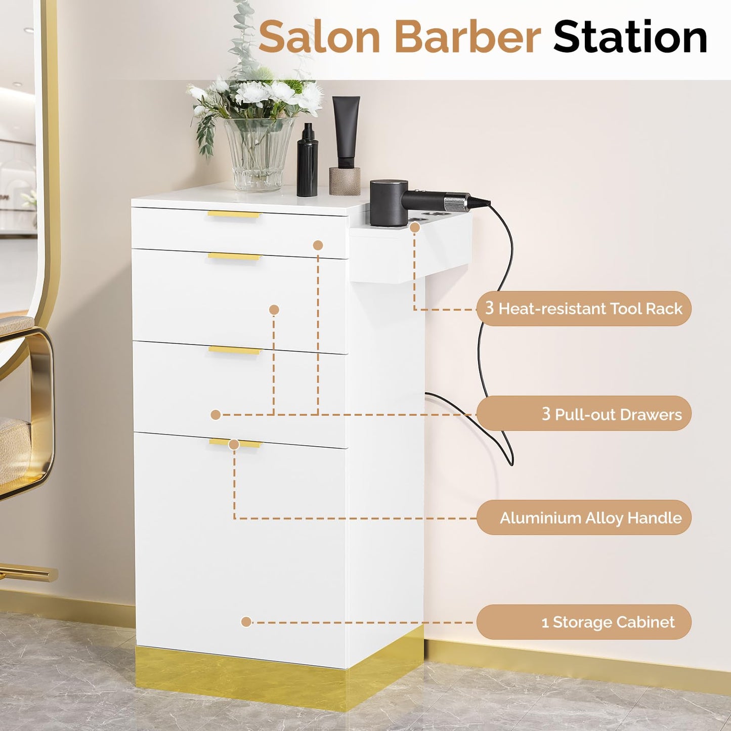 OmySalon Salon Station, Barber Station for Hair Stylist, Storage Cabinet with Stainless Steel Finish & Drawers & Heat Resistant Dryer Holders, Modern Style for Barbershop, White