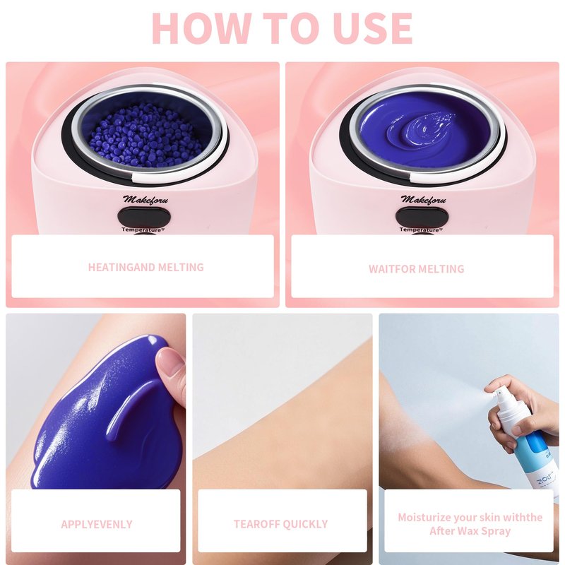 Makeforu Brazilian Waxing Kit - Bikini & Full Body Hair Removal with Digital Warmer, 4 Scented Wax Beads & 27 Silicone Tools - Home Waxing for Women & Men, Face & Body Care (Pink)