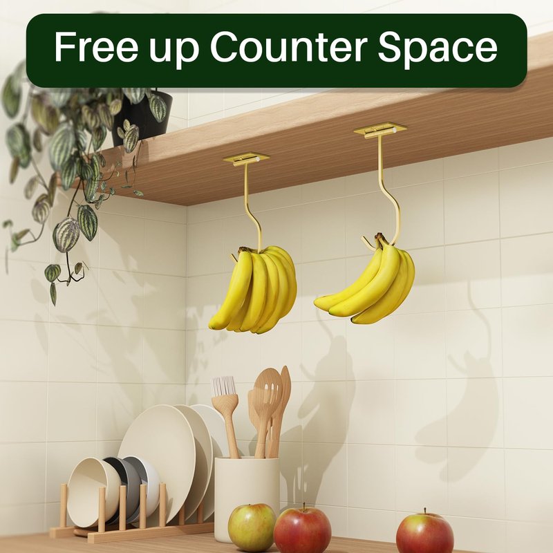 bussdis Adhesive Banana Hook Under Cabinet: 2-Pack Foldable Metal Banana Hanger, Space-Saving Under Counter Banana Holder for Kitchen & RV, Gold