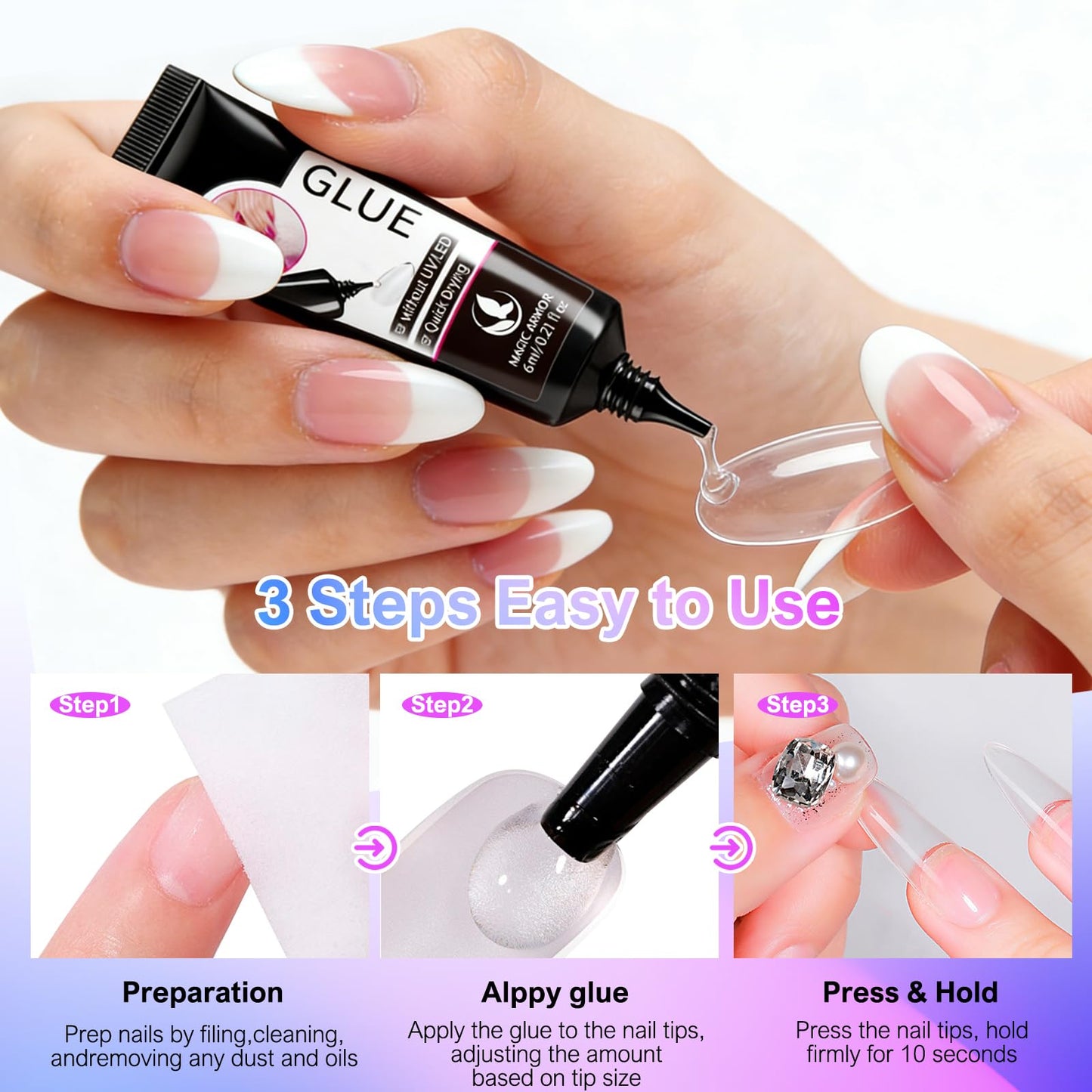 4 x 6g Nail Glue for Press On Nails with 2 x 20ml Nail Glue Remover and Tool, No UV Light Needed Semi Solid Nail Glue, Mini Tubes Quick Drying Gel Long Lasting for Fake Acrylic Nails