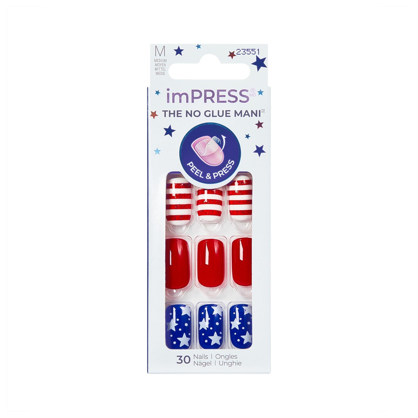 Kiss Impress No Glue Mani Press On Nails, Design, 'Stateside', Multicolor, Medium Size, Squoval Shape, Includes 30 Nails, Prep Pad, 1 Manicure Stick, 1 Mini File