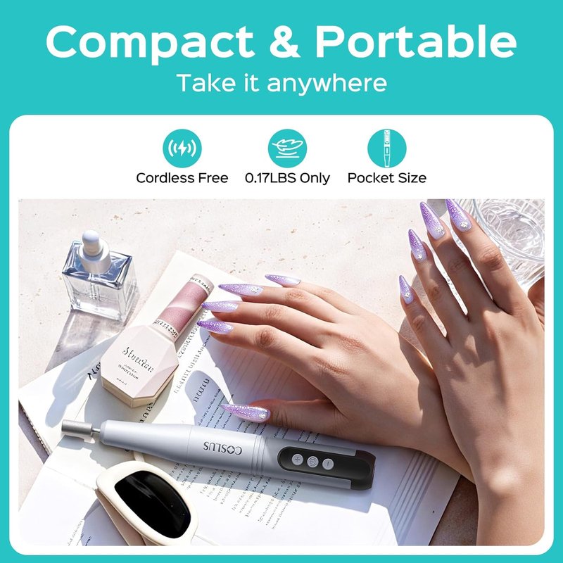 COSLUS Cordless Electric Nail Drill - 12-Speed Professional Nail File with LED Display | Grey, Perfect for Gel Removal & Nail Art