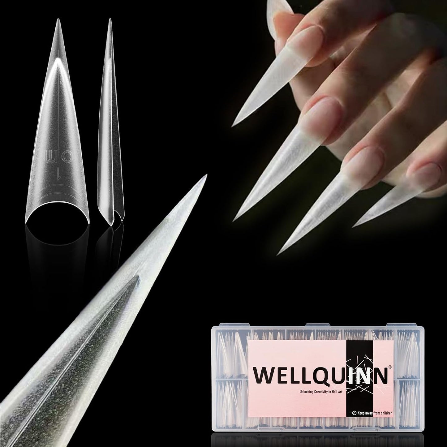 Long Curved Stiletto Nail Tips - 300 Pcs XXL Dragon Claw Full Cover Acrylic Nails | 15 Sizes for Nail Art Design
