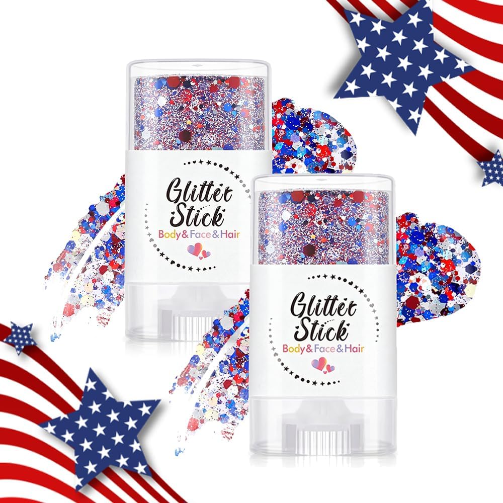 4th of July Glitter Stick - Red, White & Blue Face & Body Glitter for Patriotic Makeup | Waterproof Hair Glitter for Women