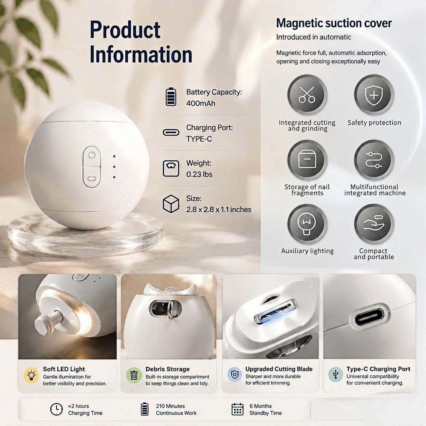 Electric Nail File & Trimmer for Seniors & Babies - Rechargeable, Quiet, LED Light, Multiple Speeds, Built-in Storage