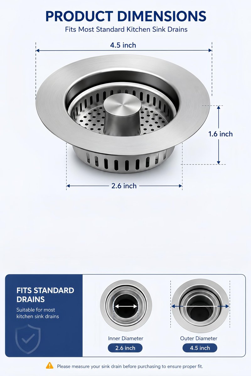Makeforu 1PC 3-in-1 Kitchen Sink Strainer Stopper Combo Stainless Steel Wrap Around Sink Downspout for US Standard 3-1/2 inch Sewer Strainer, Smooth Handle for Easy Cleaning, Anti-Clogging