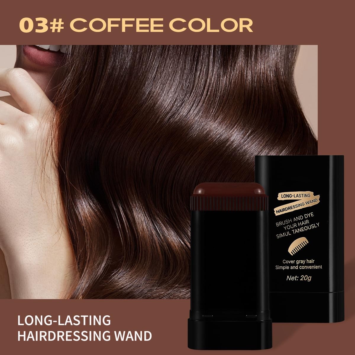Hair Dye Concealer Stick - Waterproof & Sweatproof Gray Hair Cover Up | Portable Temporary Color with Brush (Brownish Black)