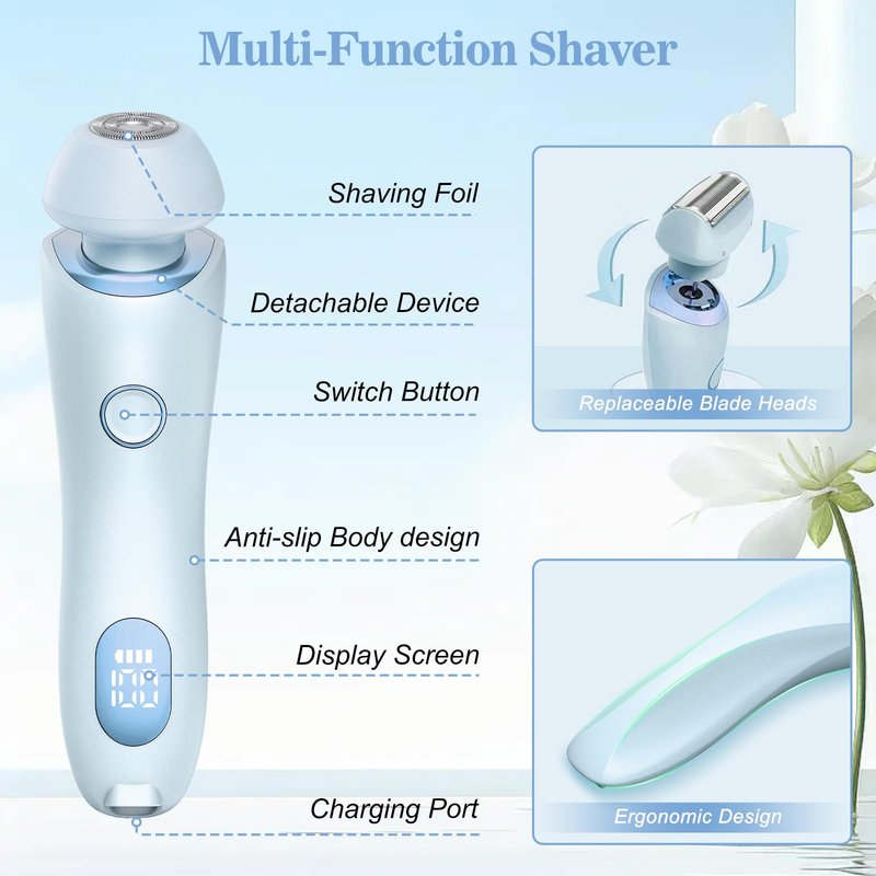 Nyywth Electric Shaver for Women, Painless 2 in 1 Wet & Dry Waterproof Silk Glide Pro Shaver with 2 Removable Heads, Rechargeable Electric Razors for Bikini, Legs, Underarms, Body (Blue)