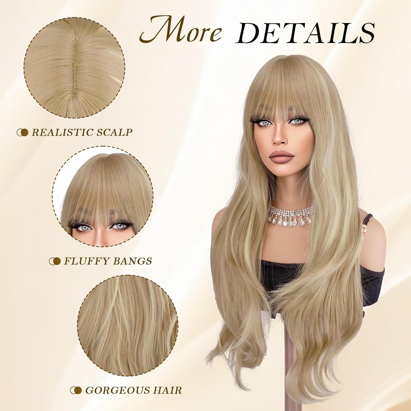 Blonde Wigs with Bangs - Long Layered Natural-Looking Synthetic Wavy Hair | 26-Inch Dirty Blonde