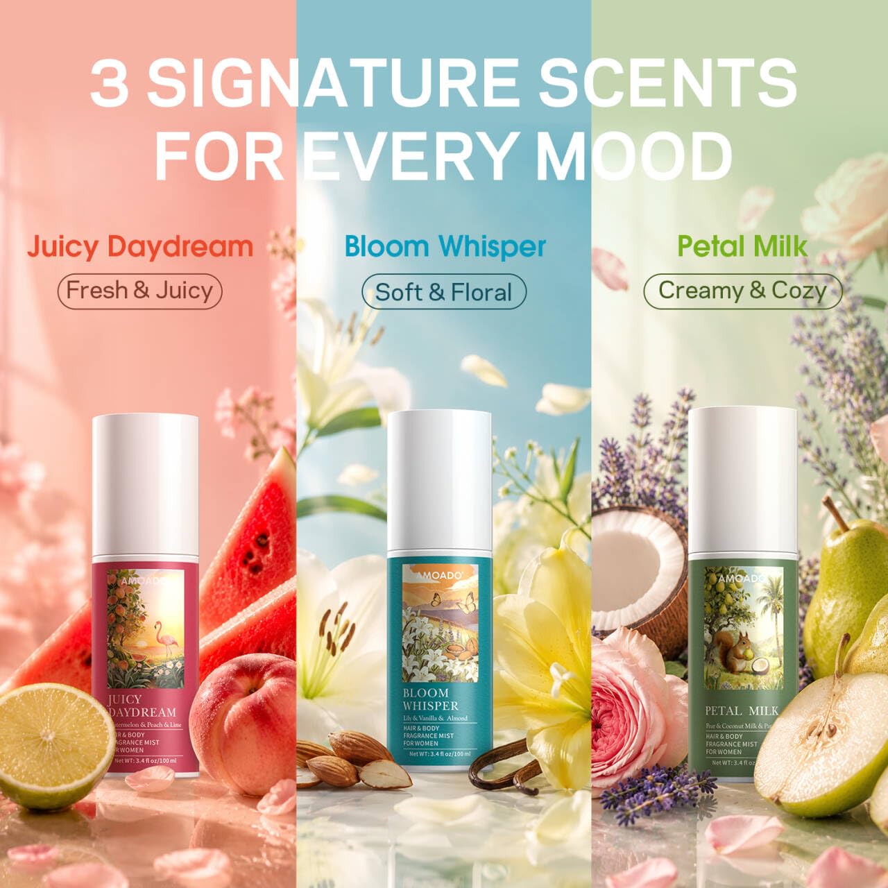 Hair & Body Perfume Mist Set for Women, Fresh Fragrance Spray for Hair & Skin & Fabric, Lightweight Long Lasting Travel Size Women's Fragrances Trio Gift Set (Fruity & Floral & Coconut Milk Scents)