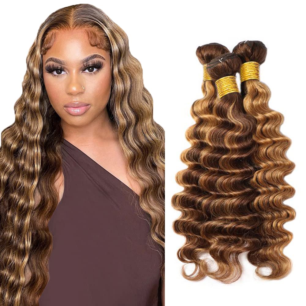 28 30 32 Inch P4/27 Highlight Blonde Bundles Human Hair Deep Wave 3 Bundles Brazilian Remy Hair 50 Grams/Bundle 10A Grade Unprocessed Virgin Hairs Blonde Deep Wave Bundle Weaves Extensions