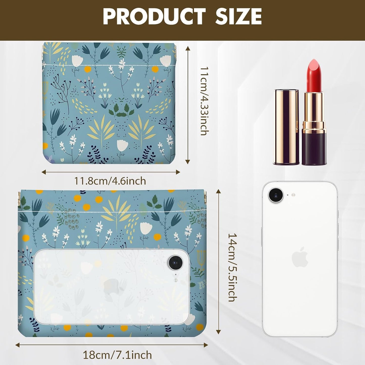Makeup Bag Set - 2 PCS PU Leather Cosmetic Organizer | Portable Self-Closing Pouch for Women - Blue Flower Design