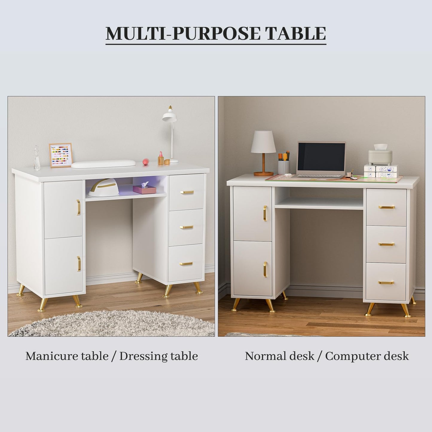 Charmmade Nail Desk for Nail Tech, Professional White Nail Desk with Wrist Pad, Acetone-Resistant Manicure Table with Storage Cabinet, Sturdy Metal Legs Nail Table for Salon, Spa, Home(White-Gold)