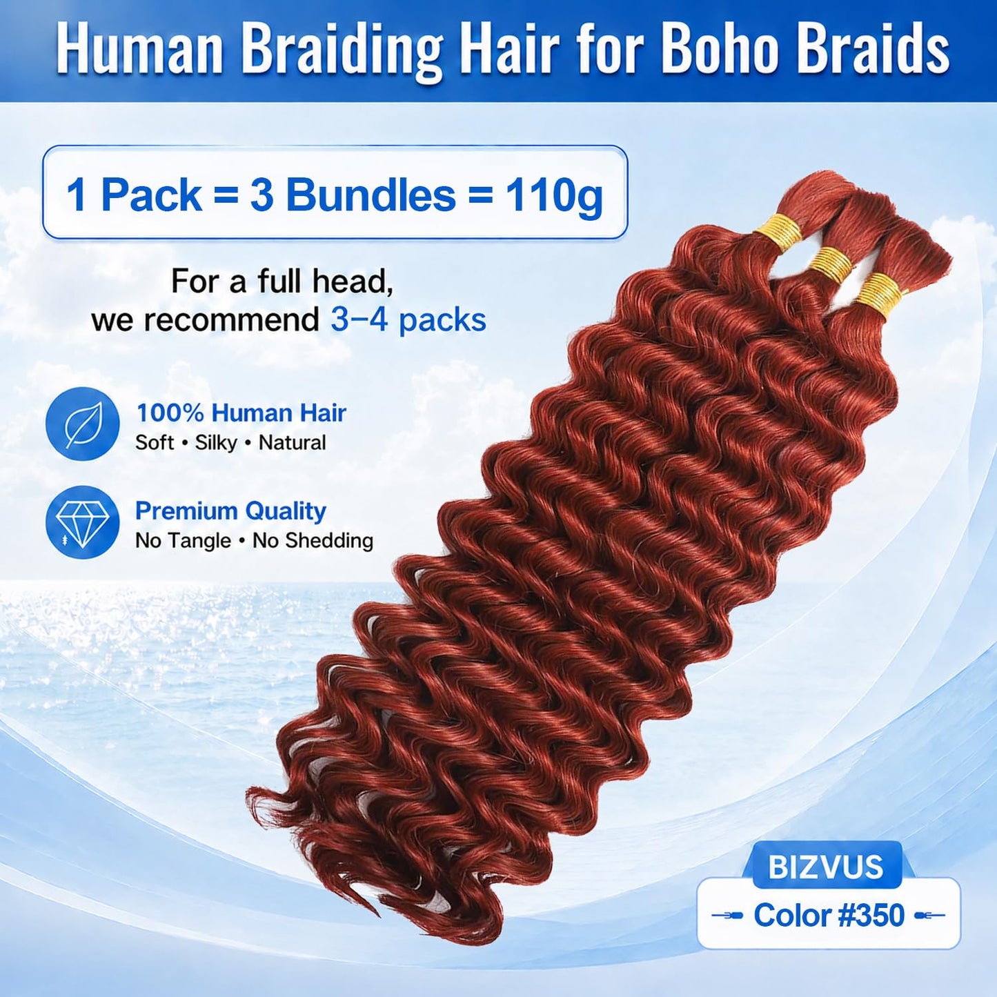 BIZVUS Human Braiding Hair for Boho Braids 110g Deep Wave Boho Bulk Human Hair for Braiding Knotless 12A Wet and Wavy Bulk Bohemian Curly 3 Bundles/Pack #350 Copper Color 24 inch