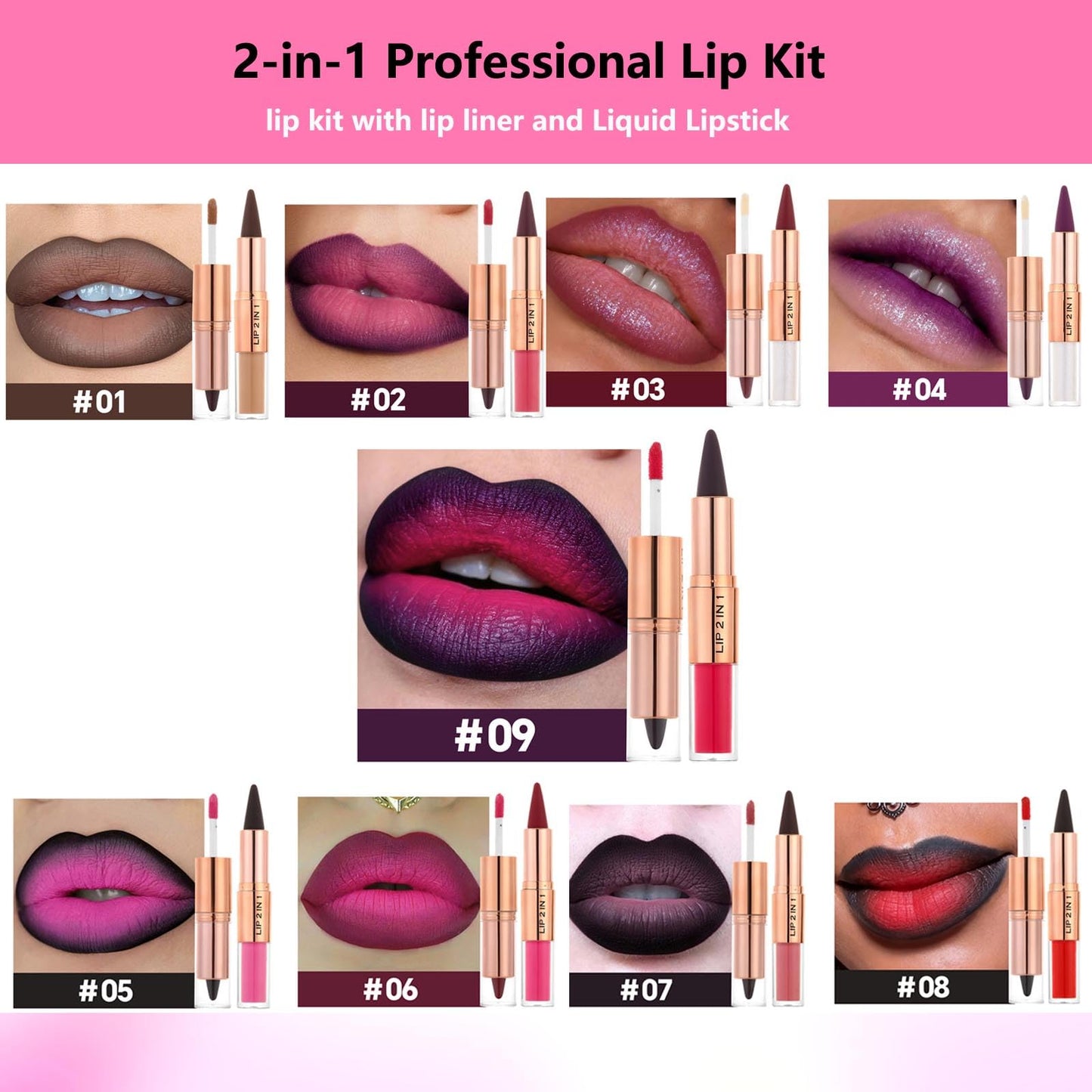 Lip Liner 2 in 1 Professional Matte Lip Kit, Dual-Ended Lip Kit With Lip Liner And Gloss Lip Combo Sets For Black Women,High Pigmented Liquid Lipstick Long Lasting Waterproof Lip Combo Makeup ﻿ (#2)
