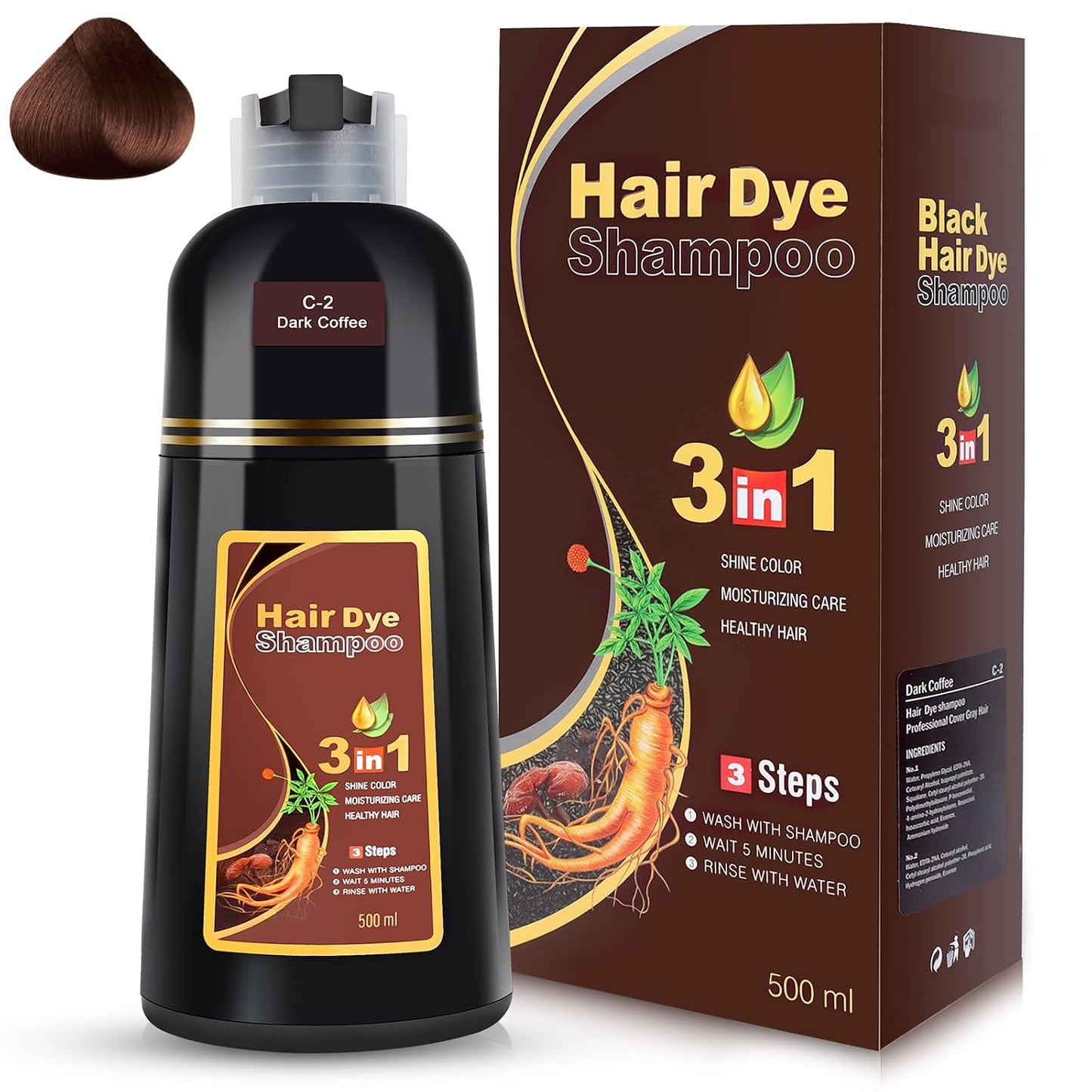 Black Hair Dye Shampoo - 3 in 1 Semi-Permanent Gray Coverage for Color-Treated Hair | 500ml