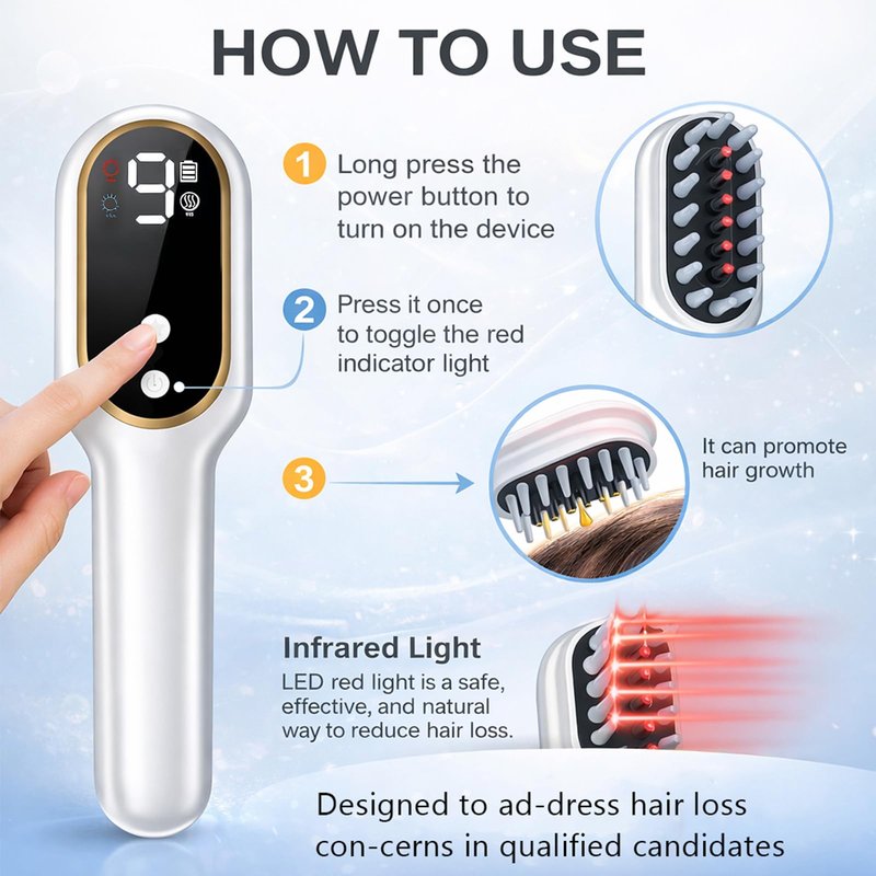 Obiredk ㅤLaser Hair Growth Comb for Men & Women, FDA Cleared 650nm LLLT Red Light Therapy for Hair Regrowth, Targeted Treatment for Receding Hairline & Thinning Crown, Portable Rechargeable - White