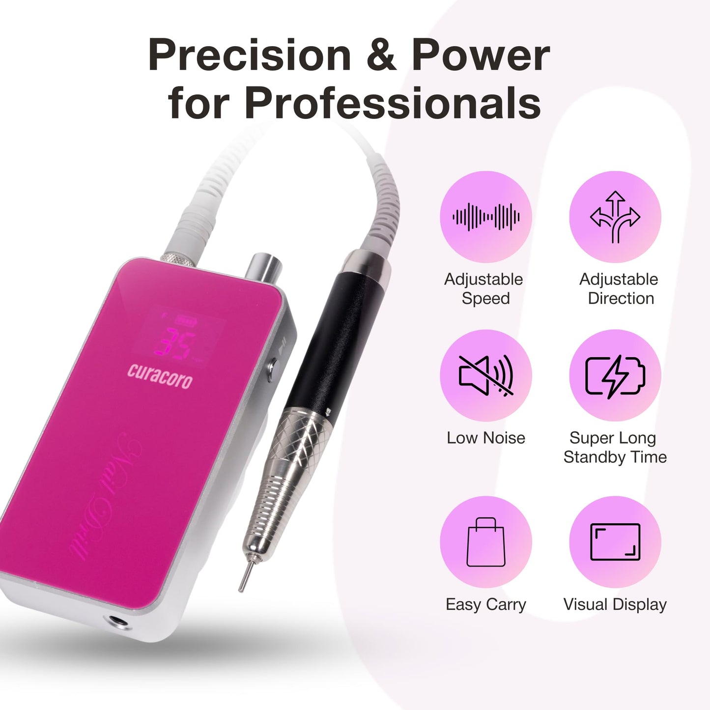 Curacoro Nail Drill Professional - 35000RPM Electric Nail File with 80W Brushless Motor, High Torque, Low Noise & Vibration, Portable Efile for Acrylic Gel Removal, Salon & Home Use