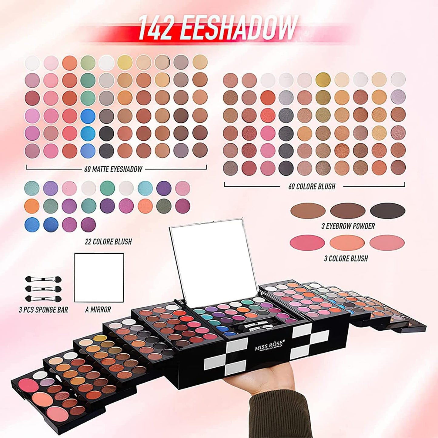 MISS ROSE Professional Makeup Palette - 148 Colors All-in-One Kit for Women | Includes Eyeshadow, Lipstick, Eyeliner, Concealer, Brushes (045 Set - Black)